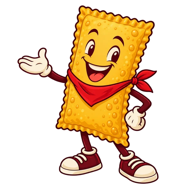 Croquinho, o mascote: um pastel sorridente de bandana vermelha, acenando.