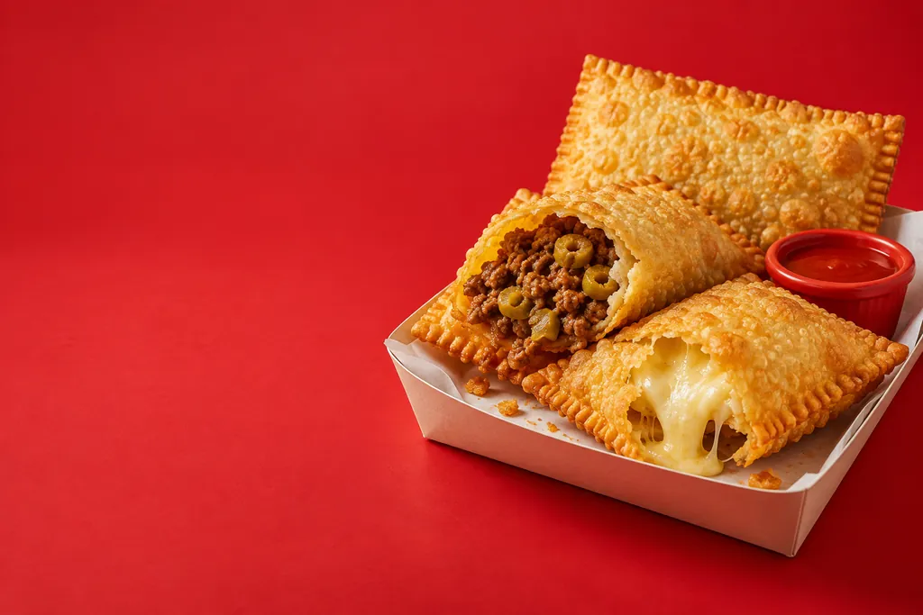 Pastéis dourados numa bandeja de papel: um de carne com azeitonas aberto e outro de queijo derretendo, com um potinho de molho vermelho.