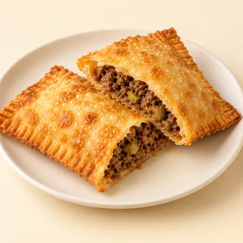 Pastel de carne cortado ao meio, mostrando carne moída e azeitonas, num prato claro.