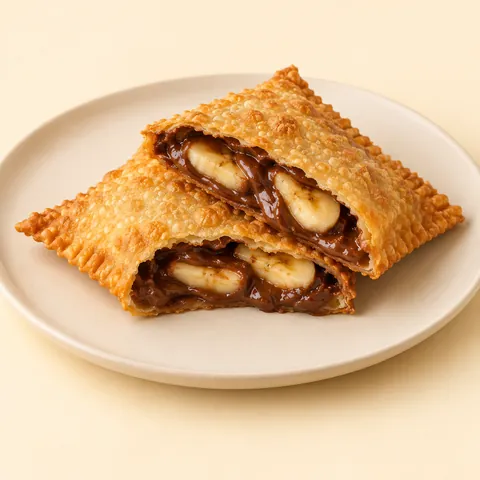 Pastel doce aberto com recheio de banana e chocolate cremoso.