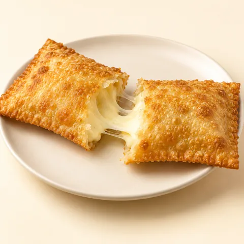Pastel de queijo aberto com muçarela derretida puxando.